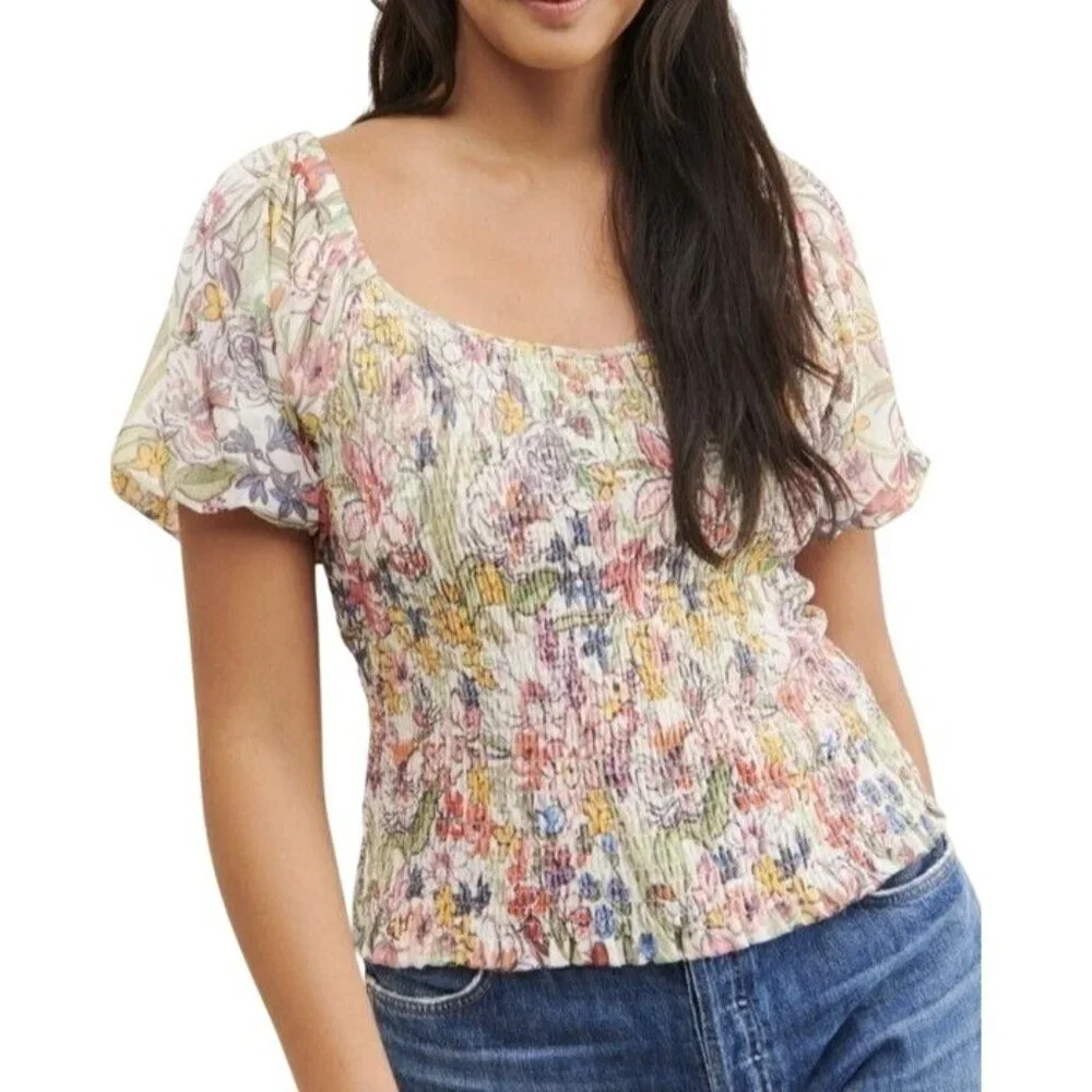 By Anthropologie Aurelia Floral Smocked Mesh Net Top Small Puff Sleeve